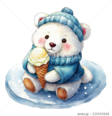 白熊の赤ちゃんのキャラクターがアイスクリームを食べているイラスト　白背景の切り抜き 115355830