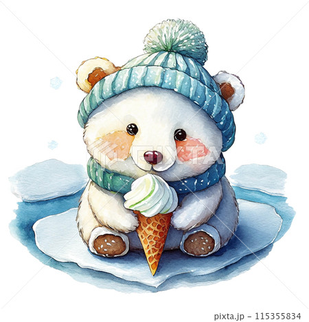 白熊の赤ちゃんのキャラクターがアイスクリームを食べているイラスト　白背景の切り抜き 115355834