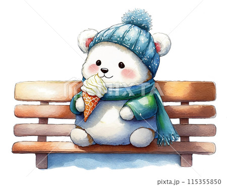白熊の赤ちゃんのキャラクターがアイスクリームを食べているイラスト　白背景の切り抜き 115355850
