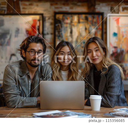 Creative team collaborating in a modern workspace using a laptop with an art background 115356085