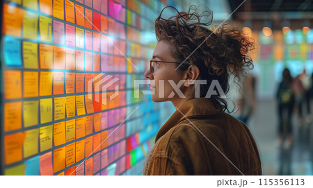 Woman examining PostIt notes on wall to brainstorm ideas in a creative workspace Woman examining PostIt notes on wall to brainstorm ideas in a creative workspace 115356113