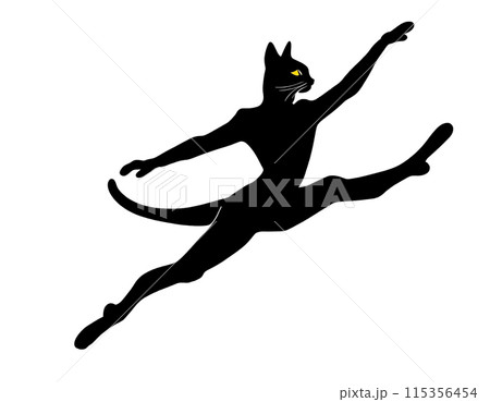 バレエダンサーの黒猫のシルエットのイラスト　白背景の切り抜き 115356454