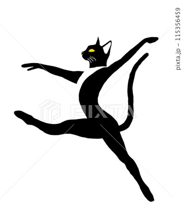 バレエダンサーの黒猫のシルエットのイラスト 白背景の切り抜き バレエダンサーの黒猫のシルエットのイラスト 白背景の切り抜き 115356459
