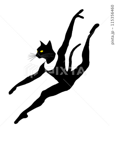 バレエダンサーの黒猫のシルエットのイラスト　白背景の切り抜き 115356460