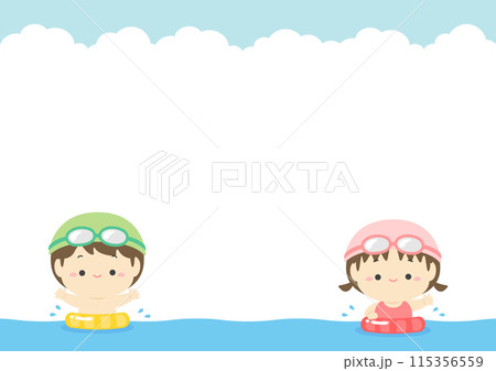 夏のフレーム背景素材、海で遊ぶかわいい子供たちと青空と入道雲のコピースペースのあるイラスト素材04 115356559