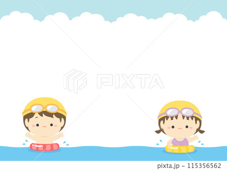 夏のフレーム背景素材、海で遊ぶかわいい子供たちと青空と入道雲のコピースペースのあるイラスト素材06 115356562