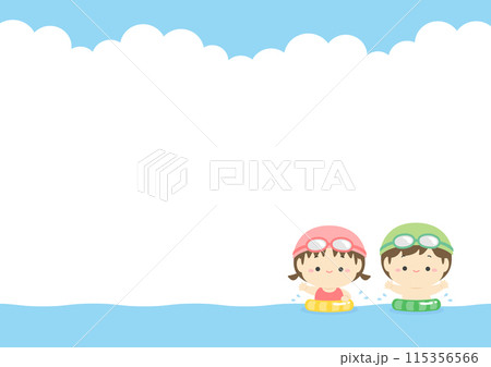 夏のフレーム背景素材、海で遊ぶかわいい子供たちと青空と入道雲のコピースペースのあるイラスト素材10 115356566
