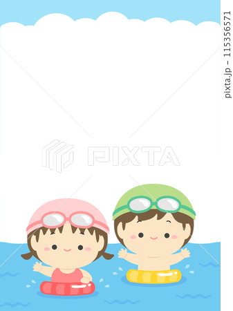 夏のフレーム背景素材、海で遊ぶかわいい子供たちと青空と入道雲のコピースペースのあるイラスト素材13 夏のフレーム背景素材、海で遊ぶかわいい子供たちと青空と入道雲のコピースペースのあるイラスト素材13 115356571