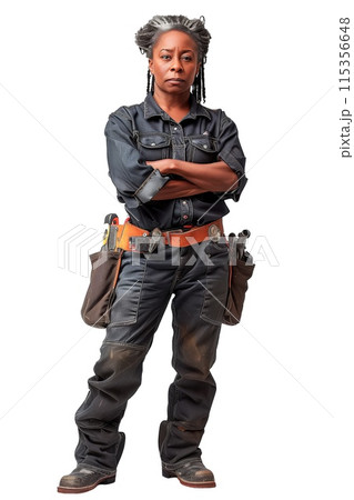 Portrait of a woman of African-American appearance isolated on a white or transparent background. Portrait of a young woman mechanic in dirty work clothes, Car repair and maintenance concept. 115356648