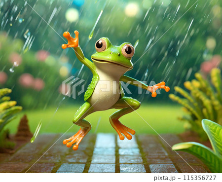 雨の中で喜んでいるカエルのキャラクターのCGイラスト 115356727