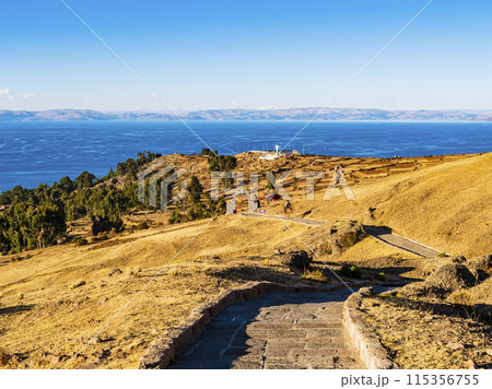 Amazing view of Amantani island at sunset, lake Titicaca, Peru  115356755
