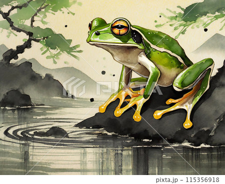 水墨画の背景に浮かび上がる立体的なカエルのイラストのイラスト素材