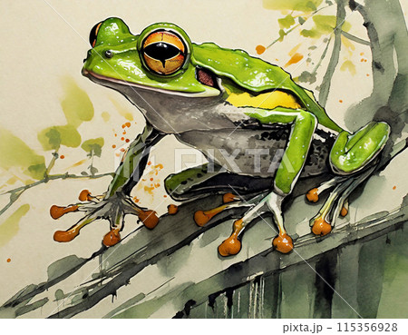 水墨画の背景に浮かび上がる立体的なカエルのイラストのイラスト素材