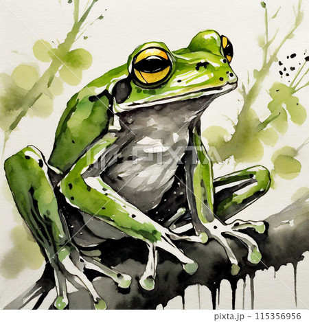 水墨画　日本画　動物　両生類　カエル　キノコ　絵画 作家「Solitude」 水墨画 日本画 動物 両生類 カエル キノコ 絵画 作家「Solitude」