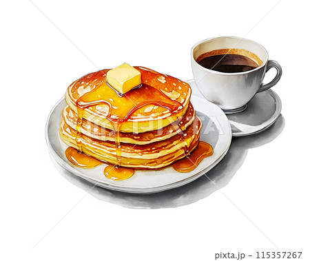 パンケーキとコーヒーのセットのイラスト 白背景の切り抜き パンケーキとコーヒーのセットのイラスト 白背景の切り抜き 115357267