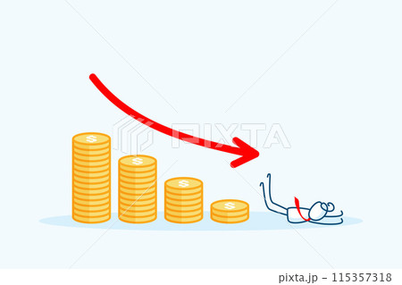 businessman stick figure character slip and falling down from coins pile. Business failure, economic crisis, bankruptcy concept, down chart negative arrow. hand drawn style vector doodle illustration 115357318