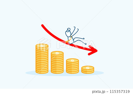 businessman stick figure character sliding falling down from coins pile. Business failure, economic crisis, bankruptcy concept, down chart negative arrow. hand drawn style vector doodle illustration businessman stick figure character sliding falling down from coins pile. Business failure, economic crisis, bankruptcy concept, down chart negative arrow. hand drawn style vector doodle illustration 115357319