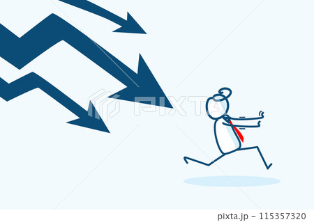 businessman stick figure character run away from falling decrease down arrow chart. business finance failure crisis, economy recession, bankrupt concept. hand drawn style vector doodle illustration 115357320
