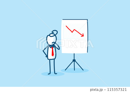 businessman stick figure character looking bad result presentation chart with red crisis arrow down. failed diagram, bankruptcy, decrease financial problem. hand drawn style doodle illustration 115357321