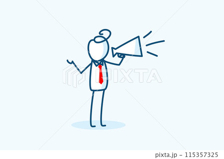 businessman stick figure character speaking through megaphone. salesman or manager using loudspeaker to spread news, sales, announcement and advertisement. hand drawn style vector doodle illustration 115357325