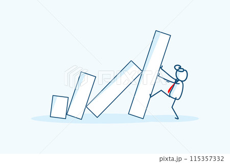 businessman stick figure character holding trying to stops falling domino effect. Crisis management, economic collapse metaphor, surviving business concept. hand drawn style vector doodle illustration 115357332