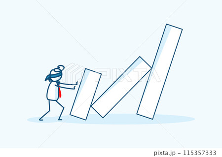 businessman stick figure character blindfold accidentally mistake make bar graph domino fall. business risk management, crisis economic collapse metaphor. hand drawn style vector doodle illustration businessman stick figure character blindfold accidentally mistake make bar graph domino fall. business risk management, crisis economic collapse metaphor. hand drawn style vector doodle illustration 115357333