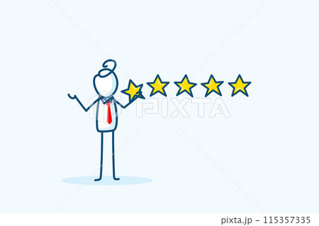 businessman stick figure character hold 5 stars rating. Customer feedback, best quality, excellence performance, positive business reputation satisfaction. hand drawn style vector doodle illustration businessman stick figure character hold 5 stars rating. Customer feedback, best quality, excellence performance, positive business reputation satisfaction. hand drawn style vector doodle illustration 115357335