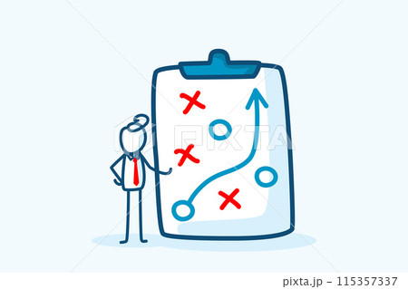 businessman stick figure character presenting business winning strategy board. marketing tactic planning, achieve target, solution to win, success concept. hand drawn style vector doodle illustration 115357337