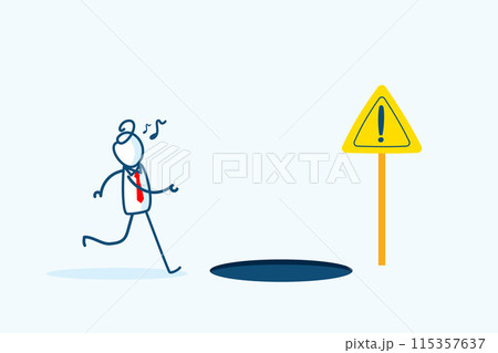 Careless businessman stick figure character walking, singing and not seen a warn exclamation danger sign and hole trap in ground. business trap and risk. hand drawn style vector doodle illustration 115357637