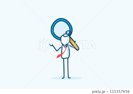 businessman stick figure character holding a large magnifying glass. solving problem or trouble, Problem analysis, analyze information concept. hand drawn style vector doodle illustration 115357656