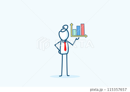 businessman stick figure character in a suit is presenting a graph of profit growth. company growth, profit or increase revenue, success investment or sales. hand drawn style vector doodle 115357657