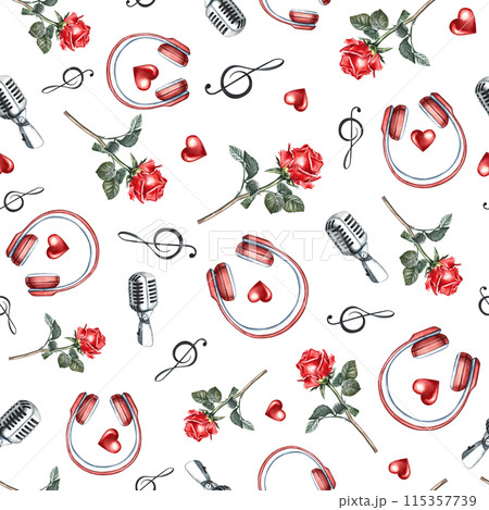 Musically romantic seamless pattern with red headphones, microphones and roses. The watercolor illustration is made by hand. For textiles, packaging paper, printing and more. 115357739