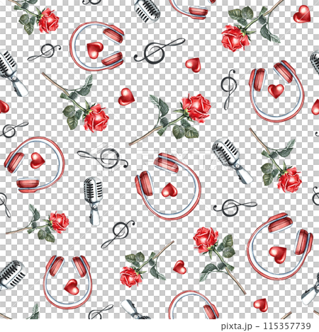 Musically romantic seamless pattern with red headphones, microphones and roses. The watercolor illustration is made by hand. For textiles, packaging paper, printing and more. 115357739