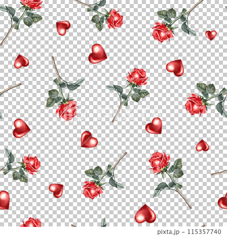 Seamless pattern with red roses and hearts. Hand-made watercolor illustration. For packaging and textiles, wrapping paper, napkins, backgrounds. 115357740