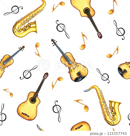 A musical seamless pattern with guitars, violins, saxophones and sheet music. The watercolor illustration is made by hand. For textiles, packaging paper, printing and more. A musical seamless pattern with guitars, violins, saxophones and sheet music. The watercolor illustration is made by hand. For textiles, packaging paper, printing and more. 115357743