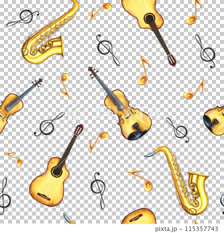A musical seamless pattern with guitars, violins, saxophones and sheet music. The watercolor illustration is made by hand. For textiles, packaging paper, printing and more. 115357743