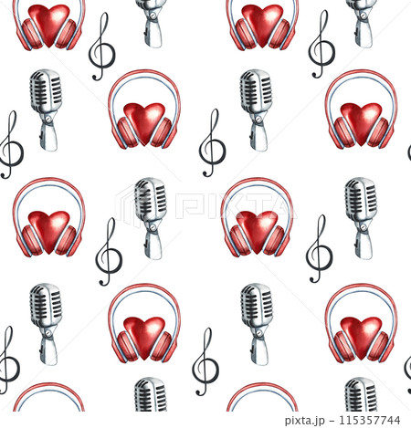 A musical seamless pattern with hearts in headphones, microphones and a treble clef. The watercolor illustration is made by hand.. For textiles, packaging paper, printing and more. 115357744