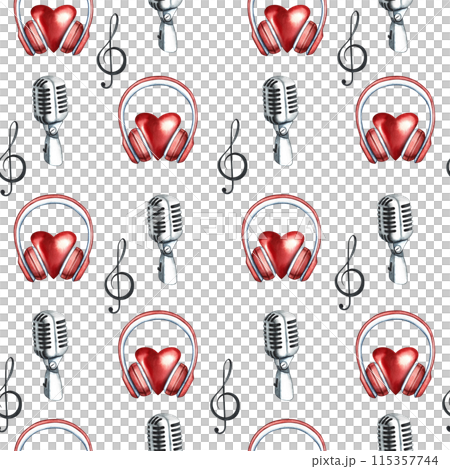 A musical seamless pattern with hearts in headphones, microphones and a treble clef. The watercolor illustration is made by hand.. For textiles, packaging paper, printing and more. 115357744