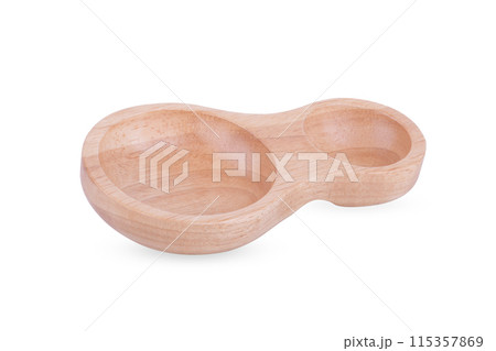 Two Compartment Wood Plate for Sauce Isolated on White Background Two Compartment Wood Plate for Sauce Isolated on White Background 115357869