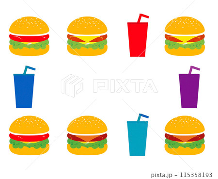 ハンバーガーとドリンクのシンプルなフレームイラスト　白背景の切り抜き 115358193