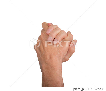 Two clasped hands with interlocked fingers, symbolizing unity and support. Isolated on white Two clasped hands with interlocked fingers, symbolizing unity and support. Isolated on white 115358544
