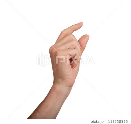 Hand holding a little bit of something, isolated on white background. Gesture indicating a pinch or Hand holding a little bit of something, isolated on white background. Gesture indicating a pinch or 115358556