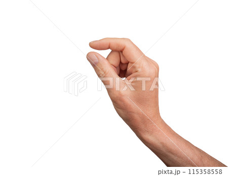 Hand holding a little bit of something, isolated on white background. Gesture indicating a pinch or Hand holding a little bit of something, isolated on white background. Gesture indicating a pinch or 115358558