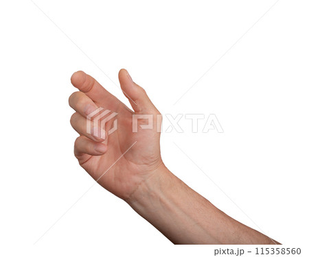Hand holding an invisible object, isolated on white. Gesture of giving or grabbing. Drip sign 115358560