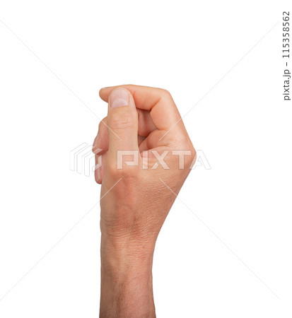 Hand holding something small, isolated on white background. Gesture indicating a pinch or grasp, 115358562