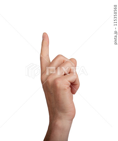 Hand pointing up with index finger, isolated on white. Gesture indicating touch or selection, ideal Hand pointing up with index finger, isolated on white. Gesture indicating touch or selection, ideal 115358568