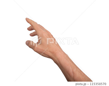 Hand reaching out with open fingers, isolated on white background. Gesture indicating grasping or 115358570
