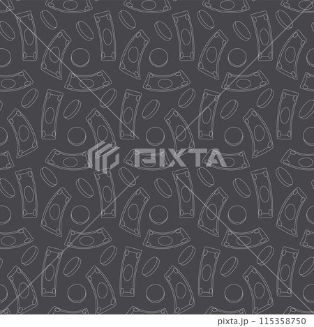Money seamless pattern. Finance coins and banknotes repeat background. Vector doodle illustration. Money seamless pattern. Finance coins and banknotes repeat background. Vector doodle illustration. 115358750