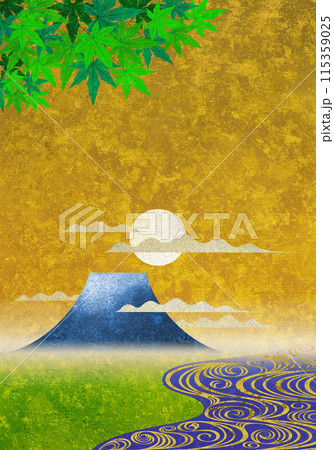 流水ともみじと富士山、満月が昇る黄金色のテクスチャー 流水ともみじと富士山、満月が昇る黄金色のテクスチャー 115359025