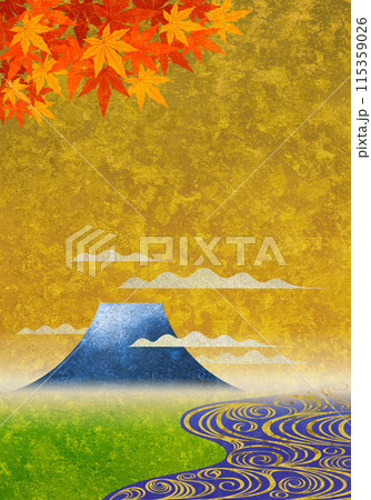 流水と紅葉と富士山、黄金色のテクスチャー 流水と紅葉と富士山、黄金色のテクスチャー 115359026